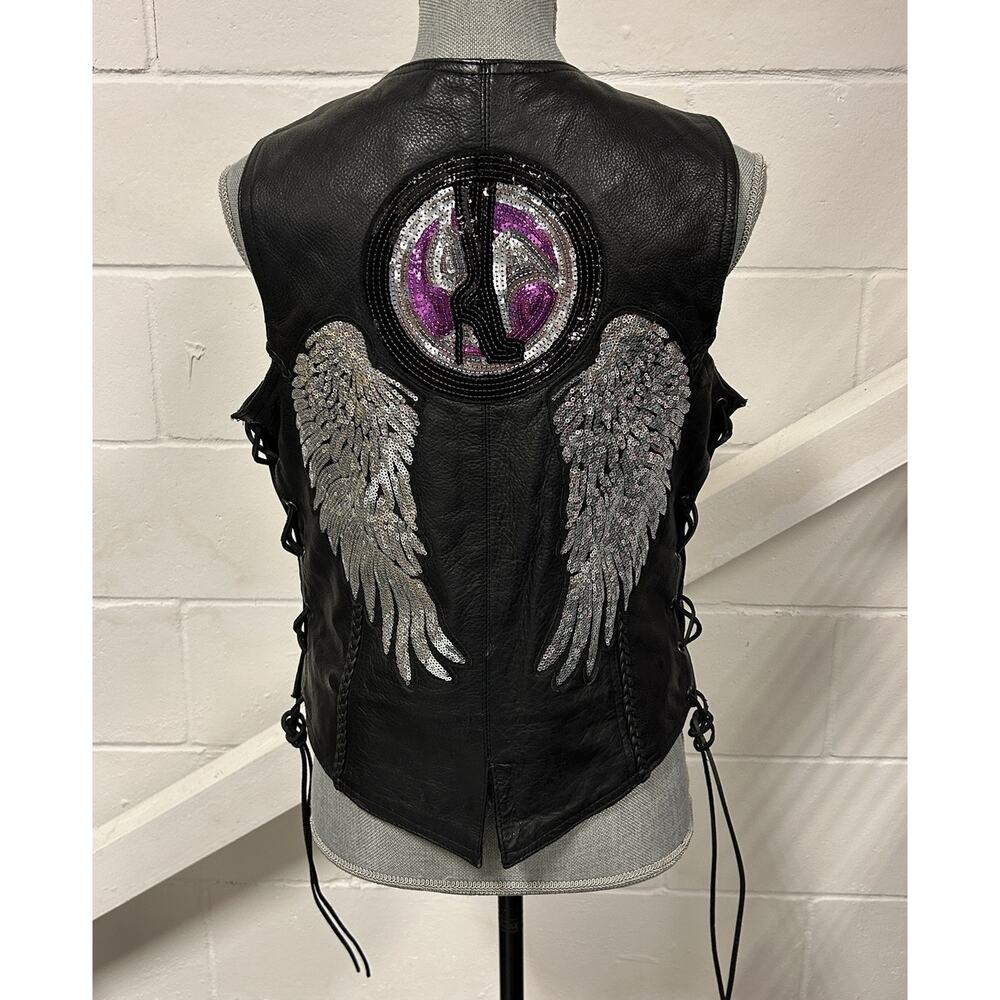 Milwaukee Riders Leather Motorcycle Rider Vest Sequin Stiletto Wings Size Medium
